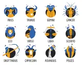 Ilustracje dwunastu znaków zodiaku: Baran, Byk, Bliźnięta, Rak, Lew, Panna, Waga, Skorpion, Strzelec, Koziorożec, Wodnik, Ryby.