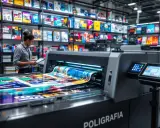 Kobieta sprawdza wydruk na maszynie poligraficznej. W tle półki z książkami i materiałami drukowanymi.