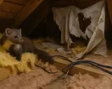 Kuna na poddaszu, wśród wełny mineralnej i zniszczonej tkaniny, szuka schronienia.