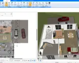 Ein 3D-Grundriss zeigt ein Haus mit Wohnzimmer, Küche, Bad und Diele. Der schlafzimmer grundriss ist Teil des Erdgeschosses.