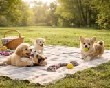 Szukasz imion dla psa chłopaka? Trzy urocze szczenięta, corgi, golden retriever i labrador, bawią się na pikniku.