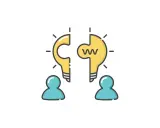 Dwie połówki żarówki symbolizujące pomysł, połączone przez dwie postacie. To metafora współpracy i innowacji w marketingu lateralnym.