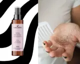 Woda brzozowa NaturalME do włosów z tendencją do wypadania. Na dłoni widać garść wypadających włosów.