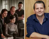 En grupp utredare samlade runt en datorskärm, och en leende man i blå skjorta. Kanske en scen från filmer och tv-program med Måns Nathanaelson.