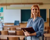 Uśmiechnięta nauczycielka z rudymi włosami trzyma teczkę. W tle klasa z ławkami i tablicą. Posiada legitymację nauczyciela.