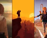 Trzy sceny z gier: dziewczyna nad morzem, podróżnik na klifie, dziewczyna na rolkach. Gry podobne do Life is Strange.
