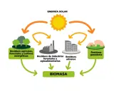 El sol impulsa la energía. Residuos agrícolas, industriales, urbanos y ganaderos se transforman en BIOMASA, mostrando como funciona la biomasa.