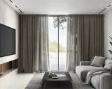 Elegante salón con chimenea, sofá gris y una ventana con cortinas que permiten combinar estores y cortinas para un ambiente acogedor.