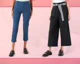 Due modelli di pantaloni cropped outfit: blu slim fit e neri ampi con cintura.