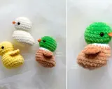 Tres adorables patos amigurumi, uno amarillo, uno blanco y uno verde con marrón, posan sobre una tela blanca.