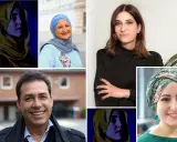 Fünf Frauen und ein Mann. Die Frauen tragen Kopftücher, die Frage "wer darf mich ohne Kopftuch sehen" wird durch die Vielfalt der Darstellungen aufgeworfen.