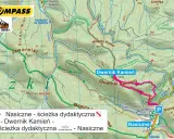 Mapa turystyczna z zaznaczoną ścieżką dydaktyczną "Dwernik Kamień" prowadzącą przez malownicze tereny górskie.