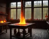 Ett glödande inferno i ett glasbruk i Småland. Verktyg och glasföremål väntar på att formas av elden.