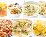 Sieben leckere keto rezepte für jeden Tag der Woche: Rührei mit Lachs, Hähnchensalat, Linsensuppe, Brokkoli-Auflauf, Hackfleischpfanne, Hühner-Gemüse-Eintopf, Omelett.