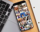 Smartphone zeigt Collage aus fröhlichen jungen Leuten, perfekt zum Fotos sortieren.