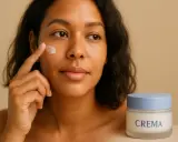 Donna applica crema idratante sul viso, prendendosi cura della sua pelle delicata. Un vasetto di crema è accanto a lei.