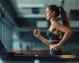 Frau im Fitnessstudio beim Laufband Training, konzentriert und in Bewegung.