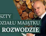 Mężczyzna w garniturze na tle monet. Tekst: "Koszty podziału majątku po rozwodzie". Dowiedz się, kto płaci za sprawę o podział majątku.