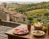 Un perfetto weekend in Umbria: salumi, pasta al tartufo e pane fresco con vista su borgo e colline.