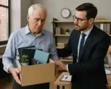 Hombre mayor con caja de pertenencias, recibe apoyo de un colega. Podría ser una tabla de jubilación anticipada involuntaria.