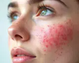 Gros plan sur le visage d'une jeune femme aux yeux verts, montrant une peau rougie et irritée sur la joue, soulevant la question : pourquoi la peau gratte-t-elle ?