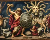 Perseus hält die abgetrennte Medusa, ein Motiv aus griechischen Sagen. Ein Pferd und ein Ziegenbock sind ebenfalls zu sehen.