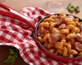 Pyszne spaghetti z kiełbasą w sosie pomidorowym, podane w czerwonej patelni, obok czerwono-białej kratkowanej serwetki.