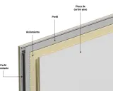 Corte de pared de pladur con aislamiento y perfiles. La placa de cartón yeso es el revestimiento exterior.