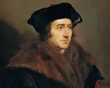 Portret Tomasza Morusa w czarnej czapce i futrzanym płaszczu. Myśliciel spogląda w bok z zamyśloną miną.