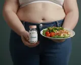 Person hält Flasche mit Chrom-Pillen und einen Teller mit Hähnchensalat. Die Chrom-Wirkung wird hier angedeutet.