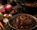 Ein Teller mit köstlichem Ossobuco vom Rind, daneben rohes Fleisch, Gemüse und ein Glas Rotwein.