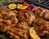 Saftiges gegrilltes Hähnchen mit Gemüse und Zitrone. Die pollo fino kerntemperatur ist perfekt getroffen für ein zartes Ergebnis.