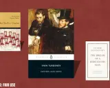 Okładki książek: "The Twelve Chairs", "Ojcowie i synowie" Iwana Turgieniewa, "Sen śmiesznego człowieka" Dostojewskiego.