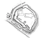 Plan zamku w Płocku, ukazujący jego obronne mury i zabudowania. To jedna z kluczowych płockich atrakcji historycznych.