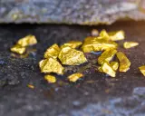 Pepite d'oro luccicanti su roccia umida. Scopri cosa significa oro 585, un metallo prezioso con una storia millenaria.