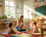 Uśmiechnięta przedszkolanka bawi się klockami z dziećmi. Choć nie wiemy, ile zarabia przedszkolanka, jej praca daje radość.