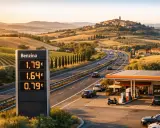 Ceny paliwa we Włoszech na słonecznym poboczu autostrady. Cyfrowy wyświetlacz pokazuje benzynę za 1.79€, 1.64€ i 0.79€.