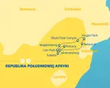 Mapa turystyczna południowej Afryki, pokazująca trasę przez Botswanę, RPA, Zimbabwe, Mozambik i Swazi.