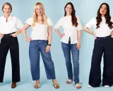 Four women showcase different jean types: wide-leg dark wash, cropped wide-leg blue, straight-leg blue, and ultra-wide dark wash.