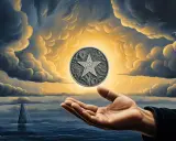 Dłoń trzyma monetę z gwiazdą, jak w talii monet tarot, na tle burzowych chmur i morza.