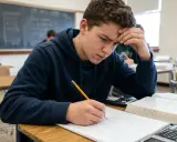 A frustrated student with hand on forehead, writing in a notebook in a classroom.