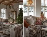 Mysig jul inspiration med familjen i soffan. Snö utanför fönstret, gran och stjärna i taket.