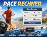 Läufer mit Laufuhr und Pace Rechner. Anzeige zeigt 10 km in 45 Min. bei 4:80 min/km. 6er Pace in km/h wird berechnet.