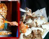 Obrotowy kebab z wołowiny i gotowy kebab z sosem i warzywami.