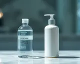Due flaconi sul marmo: uno trasparente con acqua micellare, l'altro bianco con un erogatore.
