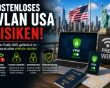 Kostenloses WLAN in den USA birgt Risiken wie einen "evil twin attack". Laptop, Handy, Pass und Karte zeigen VPN-Schutz vor Hackern.