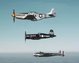 Drei historische Flugzeuge im Flug: eine silberne P-51 Mustang, ein schwarzer Red Bull Flieger (Corsair) und eine P-38 Lightning.