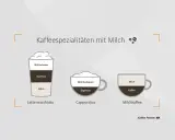 Latte macchiato mit viel Milch, Cappuccino und Milchkaffee werden gezeigt. Der Milchanteil ist bei allen unterschiedlich.
