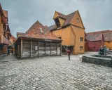 Bruggen w Bergen, Norwegia, z brukowanym placem i kolorowymi drewnianymi budynkami. Spacer z psem po urokliwych uliczkach.