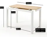 Mesa extensible blanca con tapa de madera. Muestra cómo abrirla, con medidas de alto (75cm), ancho cerrado (67cm) y abierto (100cm).